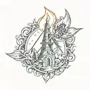 A flame with the style of the Guild Wars 2 elementalist symbol that includes a steady rock or mountain with a windmill tattoo design idea