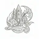 A flame with the style of the Guild Wars 2 elementalist symbol that includes a steady rock or mountain with a windmill tattoo design idea