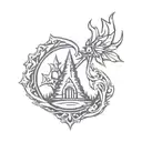 A flame with the style of the Guild Wars 2 elementalist symbol that includes a steady rock or mountain with a windmill tattoo design idea