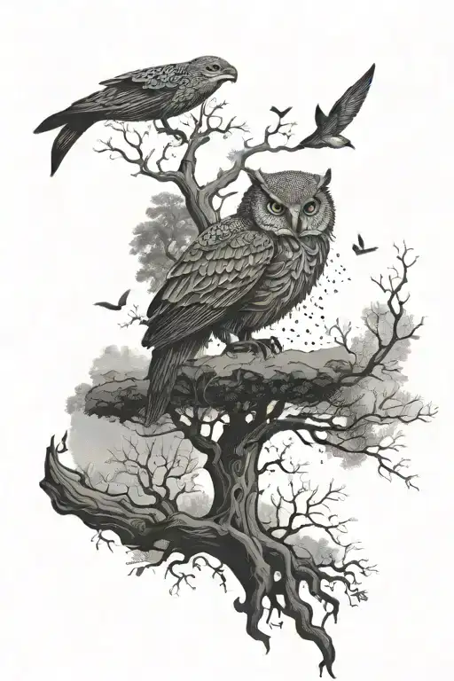 tree, whale, owl on the arm band playing tattoo design idea