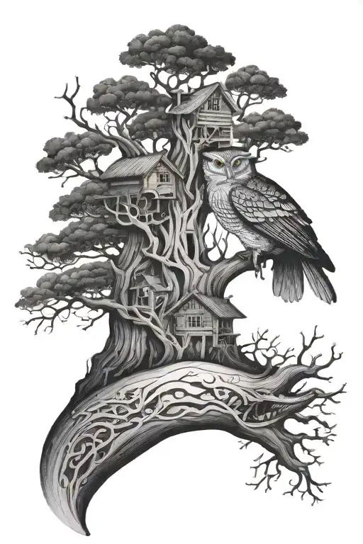 tree, whale, owl on the arm band playing tattoo design idea