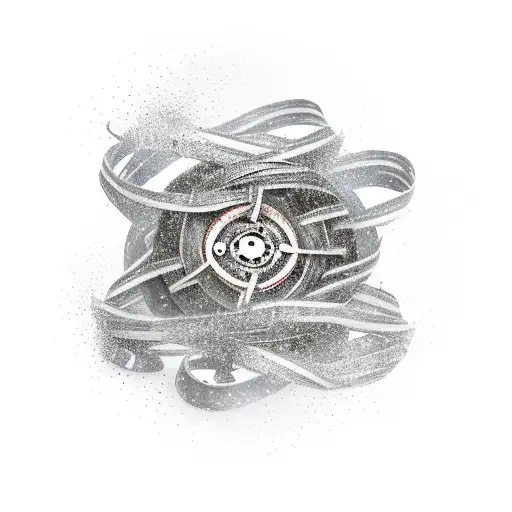 A movie reel unraveling into a winding trail leading into a mysterious forest, symbolizing the client's passion for film and nature tattoo design idea