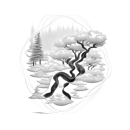 A movie reel unraveling into a winding trail leading into a mysterious forest, symbolizing the client's passion for film and nature tattoo design idea