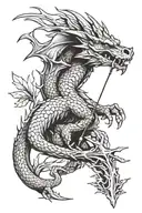 a dragon wrapped an arrow with a tree branch tattoo design idea