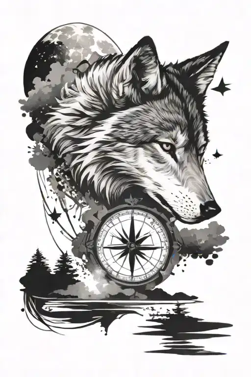 Japanese brush strokes, compass, moon, stars, silhouette of a wolf tattoo design idea