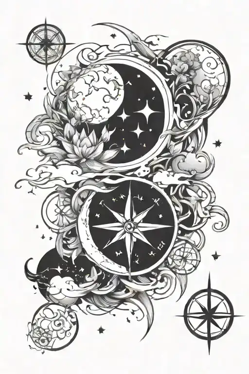 Japanese brush strokes, compass, moon, stars  tattoo design idea