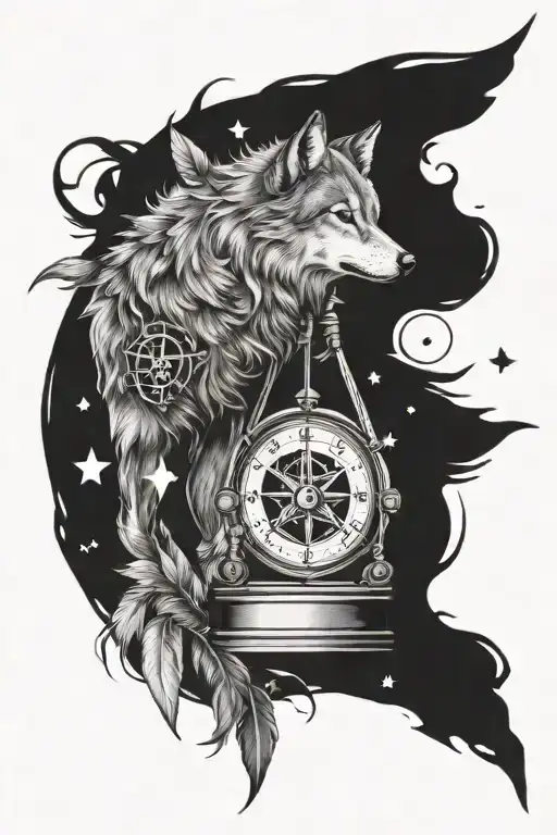 Wolf, hourglass, compass, feathers, stars tattoo design idea