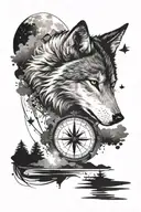 Japanese brush strokes, compass, moon, stars, silhouette of a wolf tattoo design idea