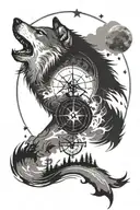 Japanese brush strokes, compass, moon, stars, silhouette of a wolf tattoo design idea
