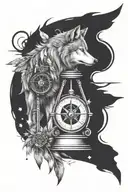 Wolf, hourglass, compass, feathers, stars tattoo design idea