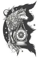 Wolf, hourglass, compass, feathers, stars tattoo design idea