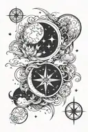 Japanese brush strokes, compass, moon, stars  tattoo design idea