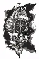 Wolf, hourglass, compass, feathers, stars tattoo design idea