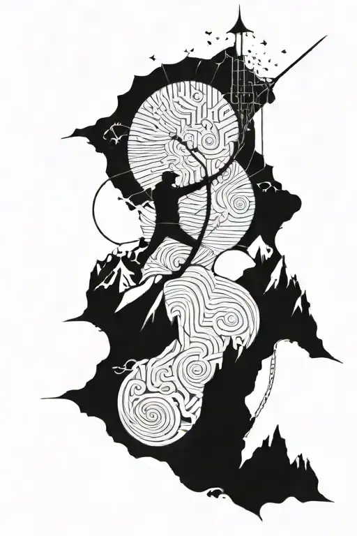 A tattoo design featuring a climber reaching the summit of a mountain, with intricate patterns of Fibonacci spirals and fractals in the background tattoo design idea