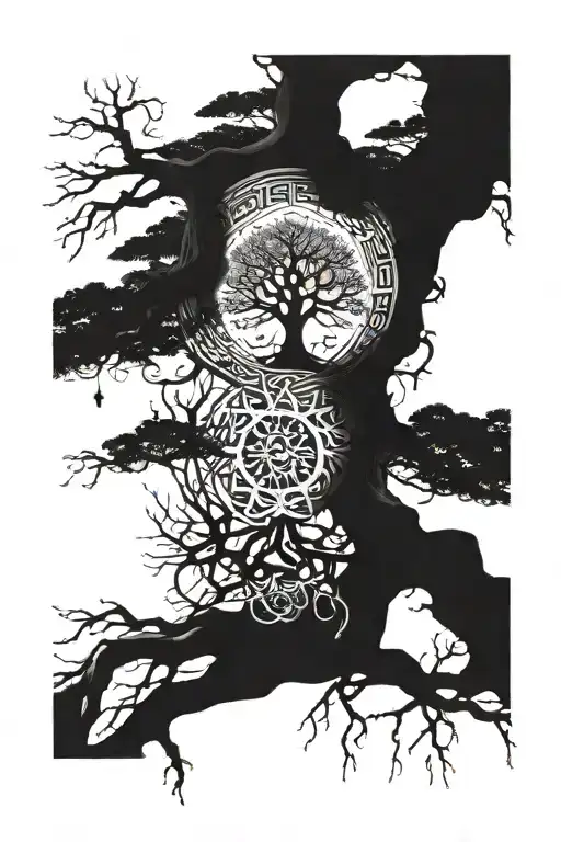 A tattoo design of a tree with roots spreading out like a mandala, incorporating elements of nature and Japanese philosophy symbols tattoo design idea