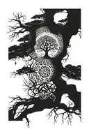 A tattoo design of a tree with roots spreading out like a mandala, incorporating elements of nature and Japanese philosophy symbols tattoo design idea