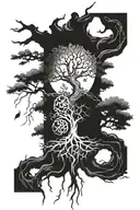 A tattoo design of a tree with roots spreading out like a mandala, incorporating elements of nature and Japanese philosophy symbols tattoo design idea