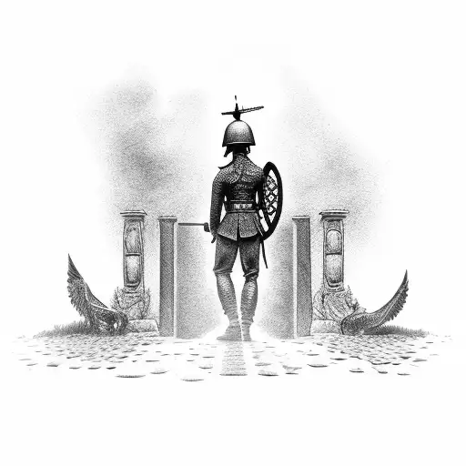 A dotwork tattoo of a silhouette of a soldier kneeling in front of Valhalla gates tattoo design idea