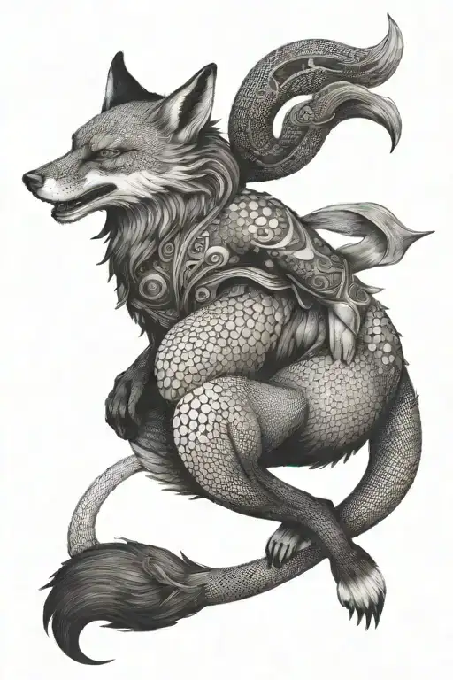 A dotwork composition of a fox, dragon, and a female warrior in a dynamic pose, capturing the essence of Japanese mythology and strength tattoo design idea