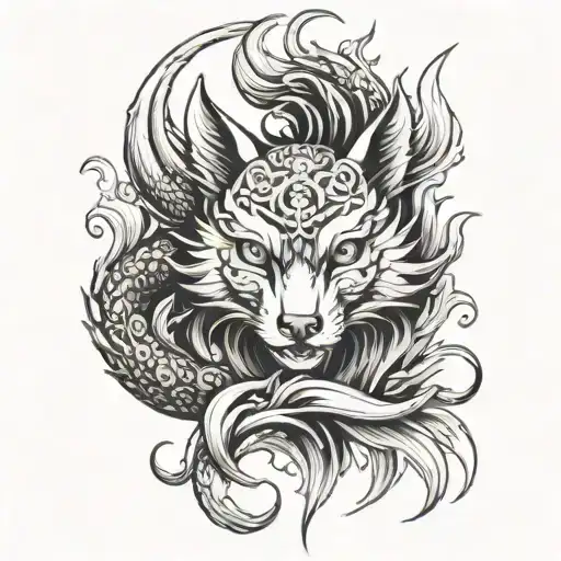 A Japanese fox spirit (Kitsune) intertwined with a dragon, symbolizing strength and cunning tattoo design idea