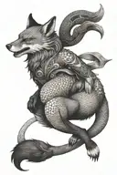 A dotwork composition of a fox, dragon, and a female warrior in a dynamic pose, capturing the essence of Japanese mythology and strength tattoo design idea