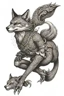 A dotwork composition of a fox, dragon, and a female warrior in a dynamic pose, capturing the essence of Japanese mythology and strength tattoo design idea