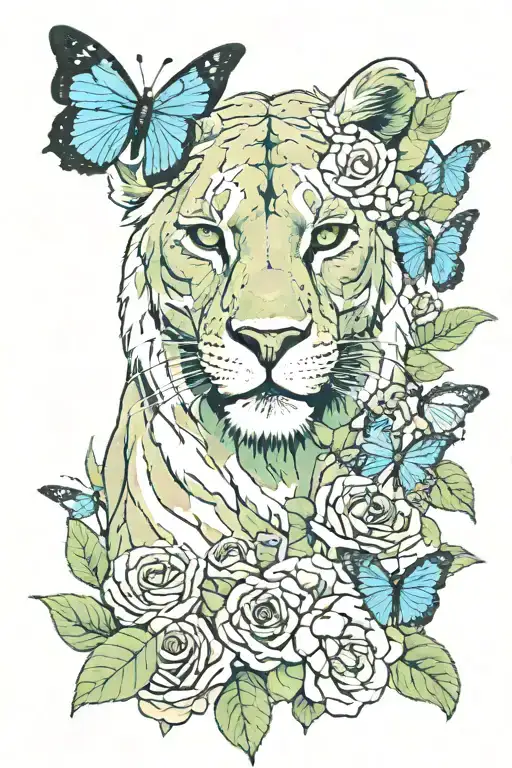 green-eyed lioness surrounded by blue butterflies and roses tattoo design idea