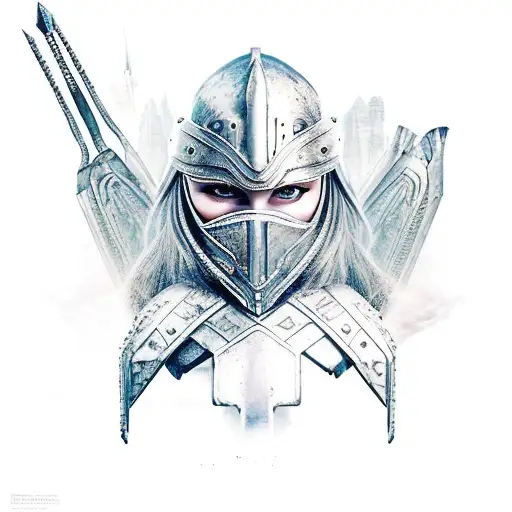 A warrior princess wielding a futuristic weapon in a post-apocalyptic landscape tattoo design idea