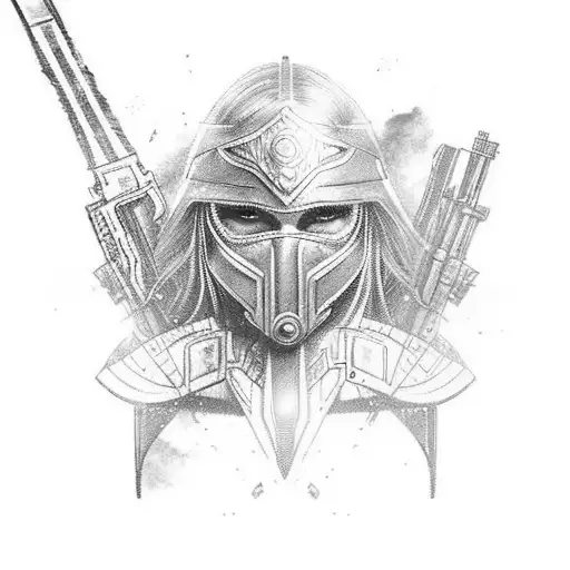 A warrior princess wielding a futuristic weapon in a post-apocalyptic landscape tattoo design idea