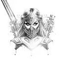 A warrior princess wielding a futuristic weapon in a post-apocalyptic landscape tattoo design idea