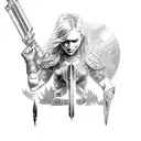 A warrior princess wielding a futuristic weapon in a post-apocalyptic landscape tattoo design idea