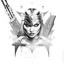 A warrior princess wielding a futuristic weapon in a post-apocalyptic landscape tattoo design idea