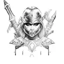 A warrior princess wielding a futuristic weapon in a post-apocalyptic landscape tattoo design idea