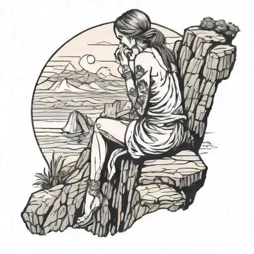 Draw me a fine line tattoo of a woman from behind sitting on the edge of a cliff tattoo design idea