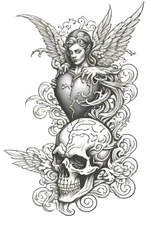 evil brain angel heart  tattoo design idea