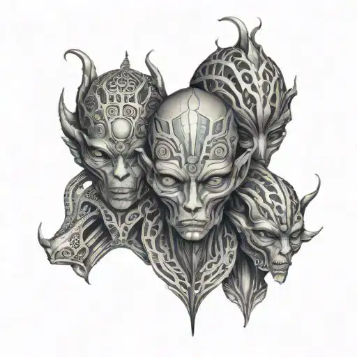 three trippy alien heads, fractal mandala, geometric piece. tattoo design idea