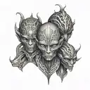 three trippy alien heads, fractal mandala, geometric piece. tattoo design idea