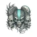 three trippy alien heads, fractal mandala, geometric piece. tattoo design idea