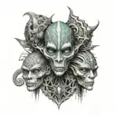 three trippy alien heads, fractal mandala, geometric piece. tattoo design idea