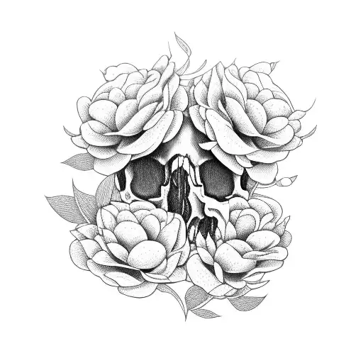 Skull with peonies growing through it tattoo design idea