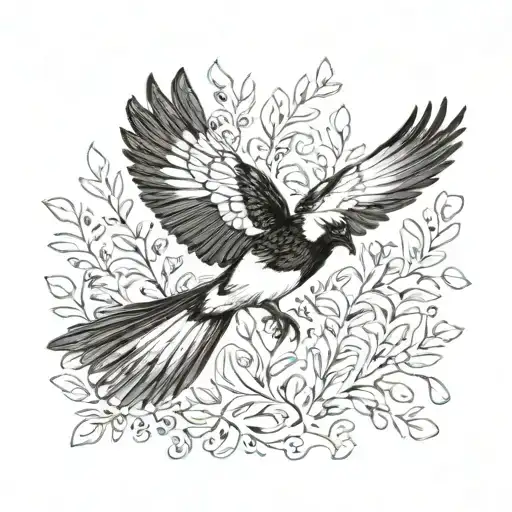 magpie in flight with wings spread wide tattoo design idea