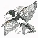 magpie in flight with wings spread wide tattoo design idea