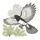 magpie in flight with wings spread wide tattoo design idea