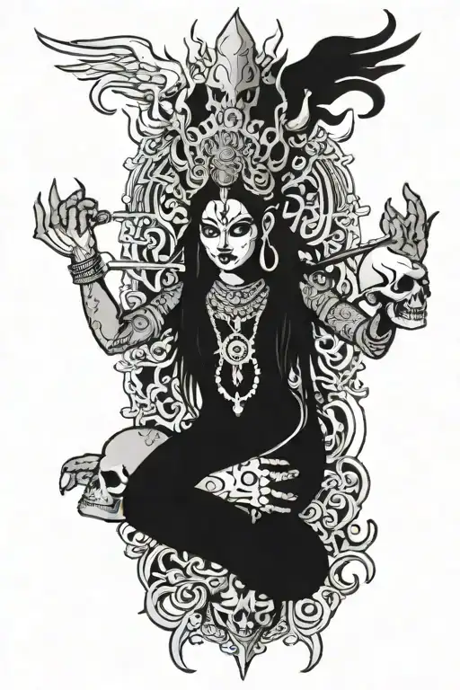 kaali Hindu goddess, scary, horror, aggressive, angry, demonic, dark energy, death, skulls, trident, fangs, face tattoo design idea