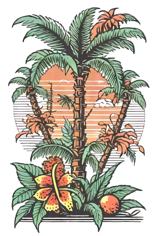 palm trees with sugar cane with structures behind tattoo design idea