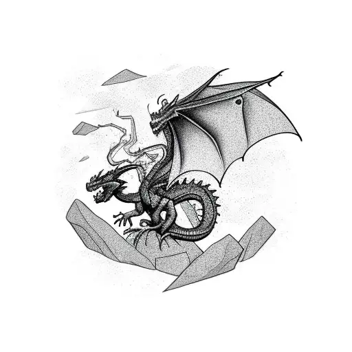 dragon on a rock. in a rainstorm with lightning  tattoo design idea