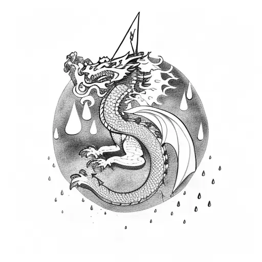 dragon on a rock. in a rainstorm with lightning  tattoo design idea