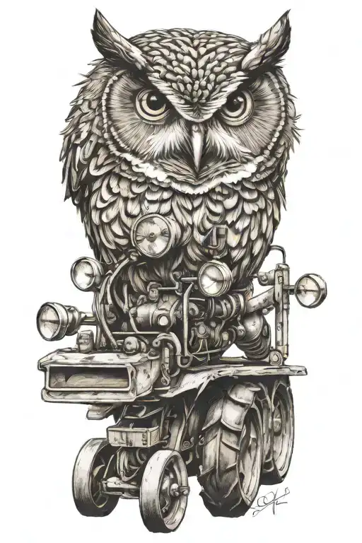 Owl pearched on an old tractor tattoo design idea