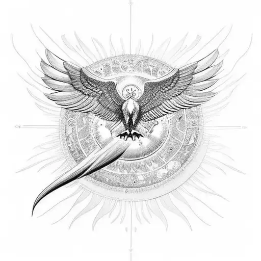 An intricate black and grey design of a soaring eagle with a sun and moon on each wing tattoo design idea