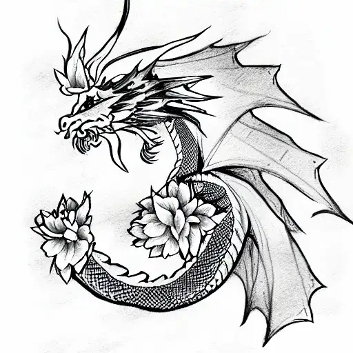 Dragon with peony's  tattoo design idea